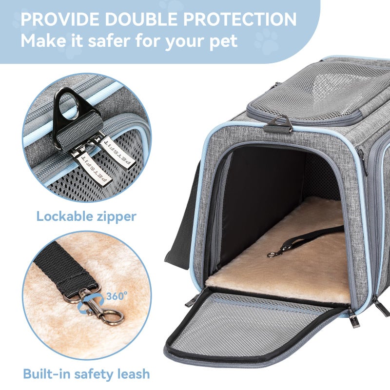 Petsfit Expandable Large Cat Carrier Small Dog Carriers Airline Approved, 17" Lx 11" Wx 11" H Soft-Sided Portable Washable Pet Travel Carrier with 2 Extension for Kittens, Puppies, Rabbits - Image 5
